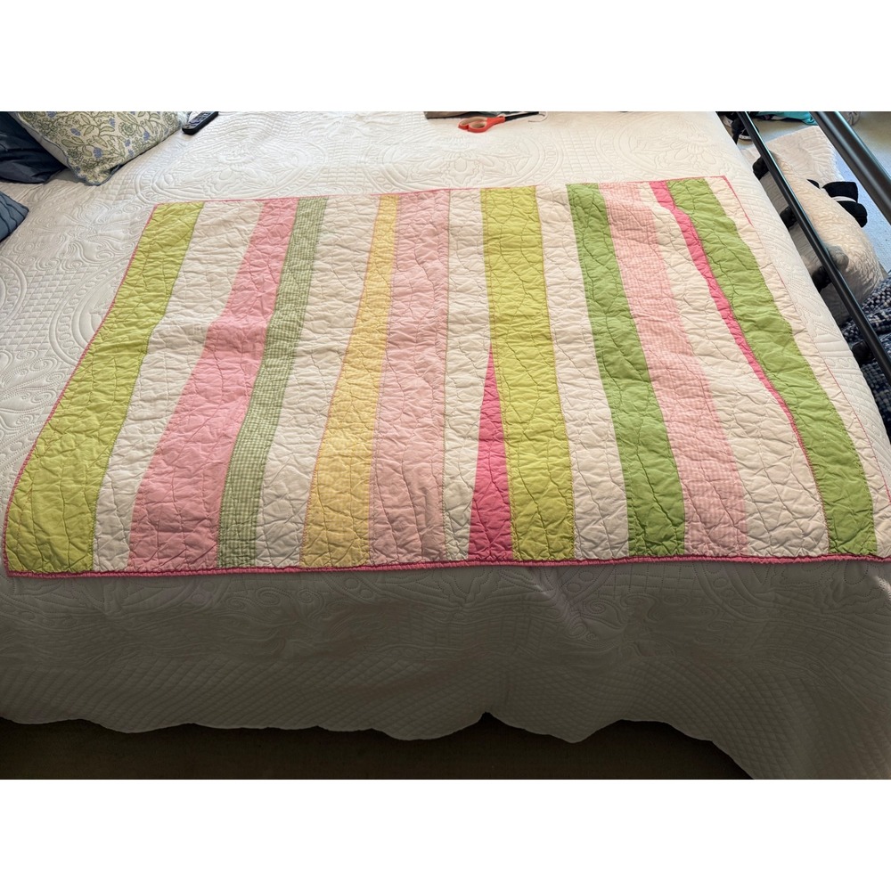 Pottery Barn Kids Quilt Blanket Pink Green Yellow Gingham Striped 34x48 Throw